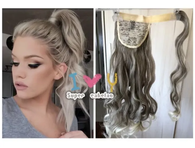 Aplique de Cabelo orgânico Rabo de Cavalo Loiro/acinzentado