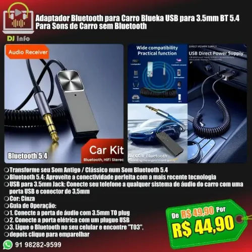 Adaptador Bluetooth para Carro Blueka USB para 3.5mm BT 5.4 Para Carro sem Bluetooth