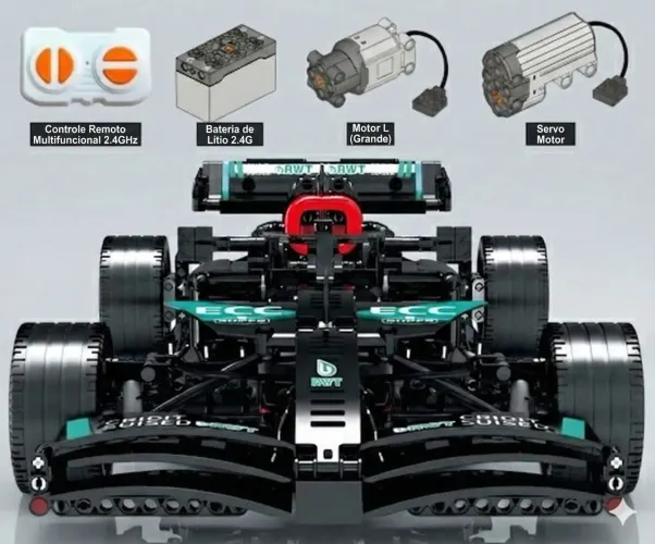 BLOCOS DE MONTAR CARRO DE FÓRMULA 1 MERCEDES W14 VERSÃO STANDARD COM KIT DE MOTORIZAÇÃO  