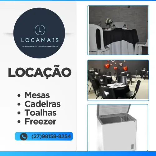 LOCAÇÃO DE MESAS, CADEIRAS,TOALHAS E FREEZER 