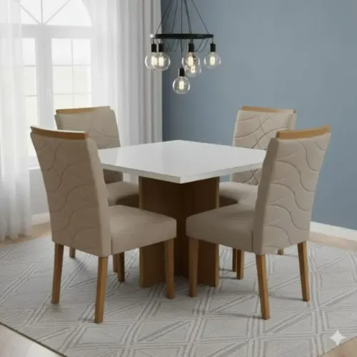 Mesa Salinas/Helô/Los Angeles Quadrada Cinamomo/Off White com 4 Cadeiras Safira Veludo