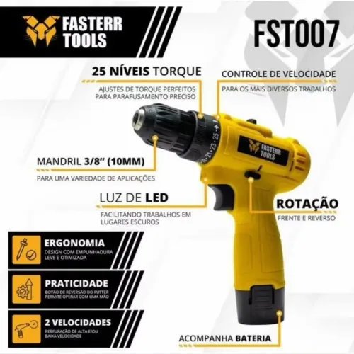 Parafusadeira e Furadeira 3/8? 12V Com Bit e Carregador FST007 - Fasterr
