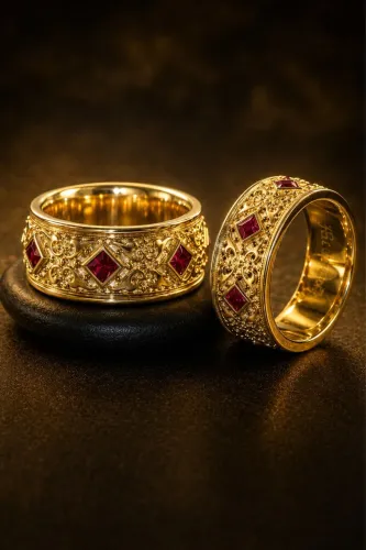 Par de Alianças Arabescos e Rubis em Ouro 18K 750