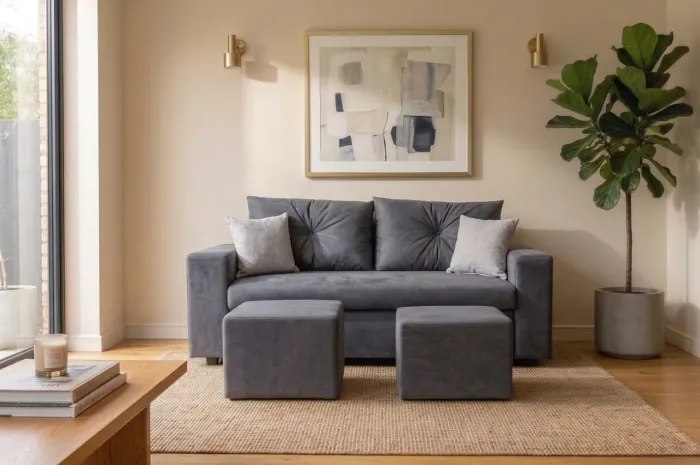 Sofá 3 lugares com centro, puff e almofadas decorativas grátis 