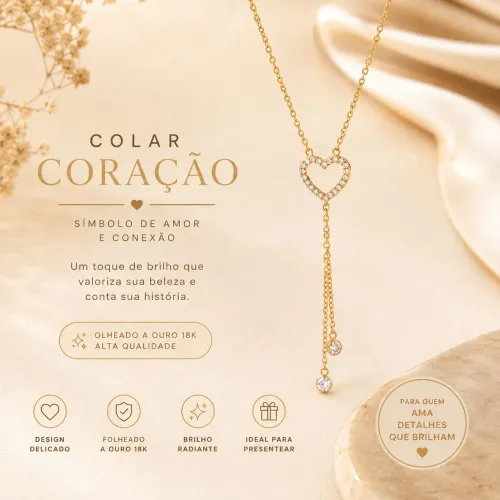 Colar Coração Romântico Dourado com Pedras banhado a ouro18k
