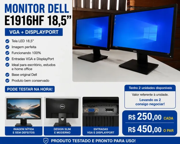 2 Monitores Dell modelo E1916HF em ótimo estado de funcionamento.