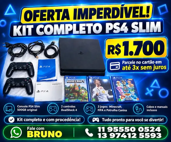 ? PS4 SLIM COMPLETO ? CONSOLE + 2 CONTROLES + 3 JOGOS!
