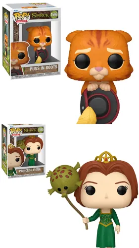 Funko pop Shrek - Princess Fiona 1595 e Puss in Boots 1596 (gato de botas)