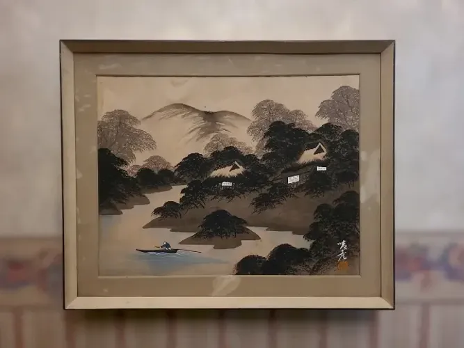 Quadro Antigo Pintura Japonesa Em Seda Paisagem Sumi-e