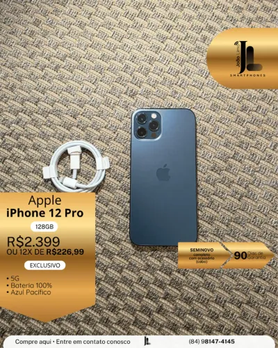 IPHONE 12 PRO, 5G, 128GB, AZUL PACÍFICO, BAT 100%, SEMINOVO, EXCLUSIVO!
