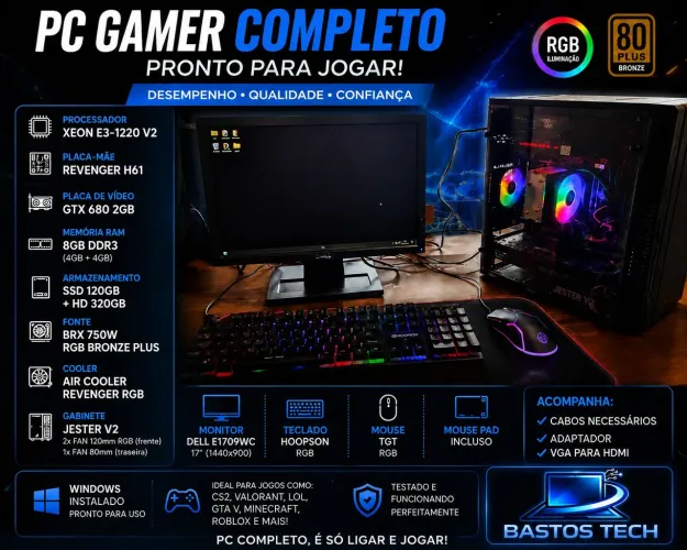 PC Gamer Completo RGB GTX 680 + Monitor + Teclado e Mouse | Bastos Tech