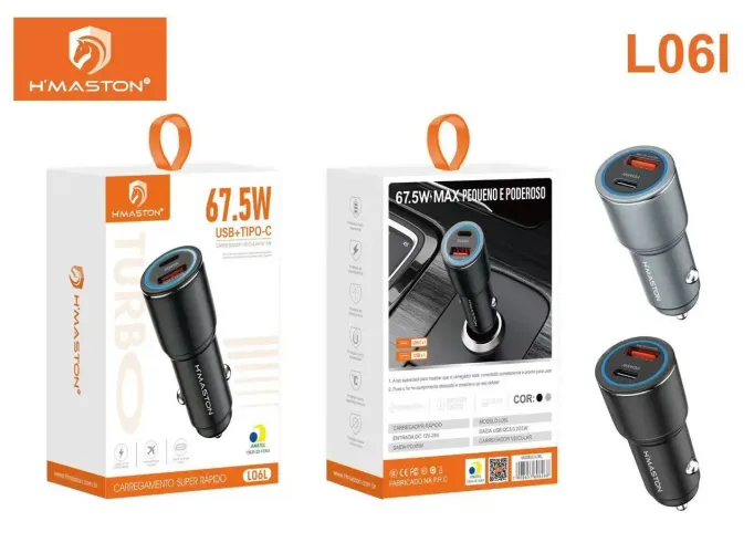 Carregador turbo 67.5w celular pra carro - adaptador cinzeiro veicular