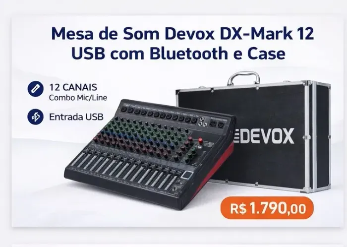 Mesa de Som Devox DX-Mark 12 USB com Bluetooth e Case