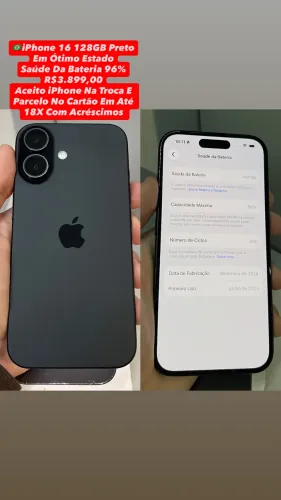 iPhone 16 128GB Preto - Saúde Da Bateria 96% (Usado)