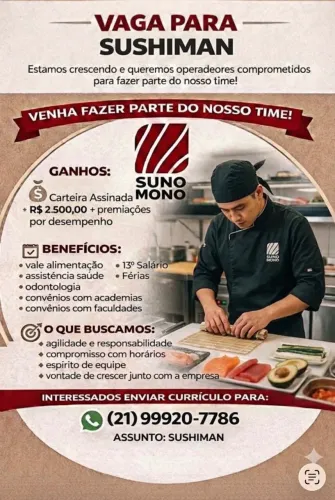 Vaga para sushiman e auxiliar de cozinha 