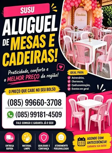 Aluguel de mesas e cadeiras para eventos.