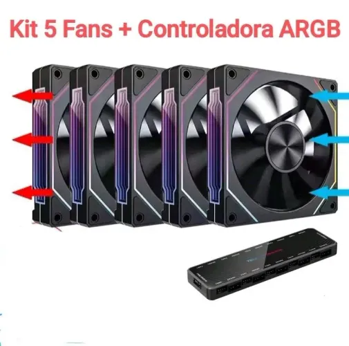 Kit 5 Fans + Controladora Prism 4 RS ARGB 5 Pinos 120mm