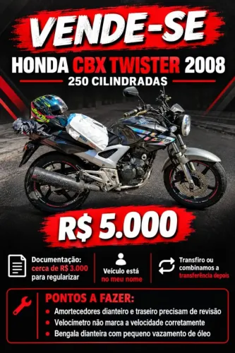 Moto CBX TWISTER 250CC 2008 ACEITO CARTÃO 