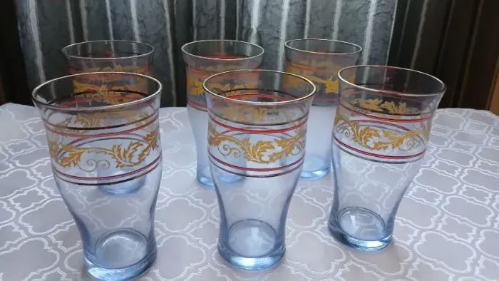 COPOS  VINTAGE -  VIDRO AZULADO  DECORADOS - ANOS 50 