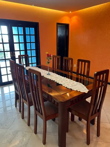 Mesa Madeira Maciça Com Vidro Temperado 8 Lugares