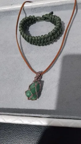 Conjunto Artesanal Boho Colar Quartzo Verde + Pulseira