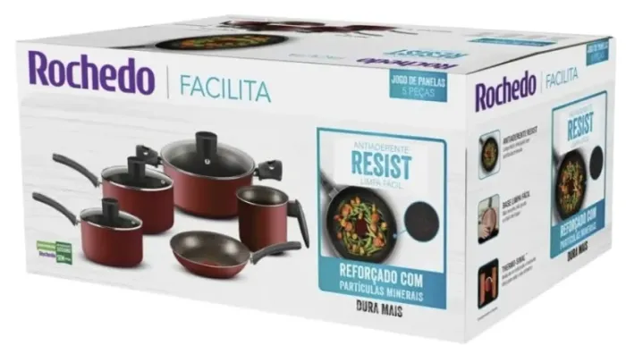 Jogo de Panelas Rochedo Facilita Vermelho 5 Peças Antiaderente Resist