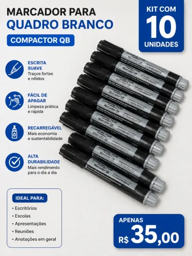 Kit com 10 Marcadores para Quadro Branco Compactor QB Preto