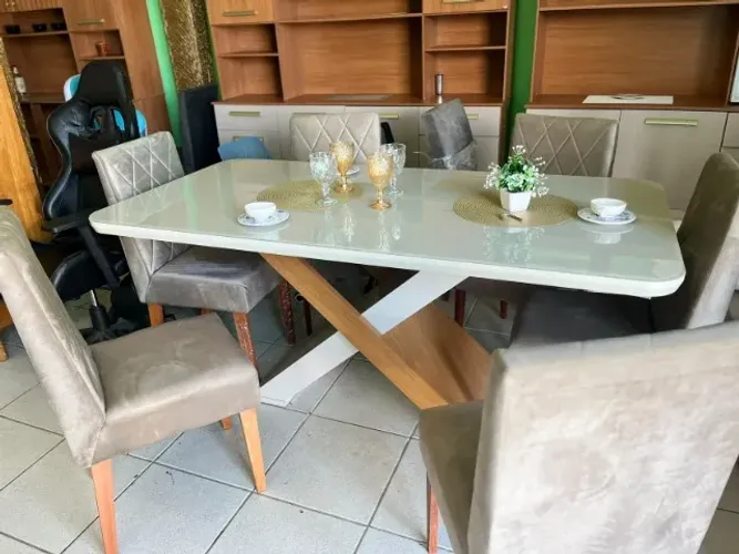 Mesa de jantar 6 lugares tampo de vidro