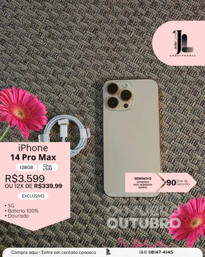 IPHONE 14 PRO MAX, 5G, 128GB, CHIP ESIM, DOURADO, BAT 100%, SEMINOVO, EXCLUSIVO!