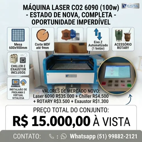 ?Máquina de Corte a Laser 6090 (100w) Vesta - Completa com Chiller, Rotary e Acessórios