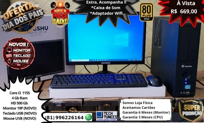PC Completo (Core I3-4Gb Ram-SSD 128Gb ou HD 500Gb-(NOVOS: Monitor 19, Caixa Som, Wifi)