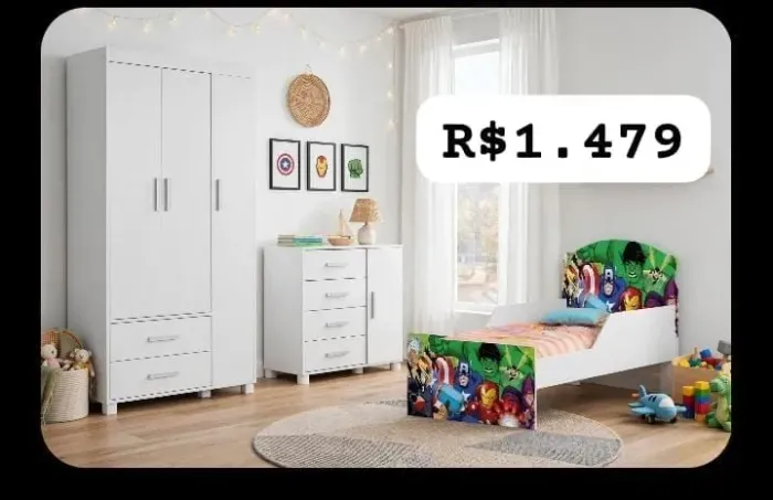 Quarto Infantil ( Cama Personalizada Heróis + Cômoda + Guarda Roupa )