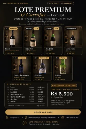 LOTE EXCLUSIVO DE VINHOS PORTUGUESES E GINS PREMIUM (17 GARRAFAS)