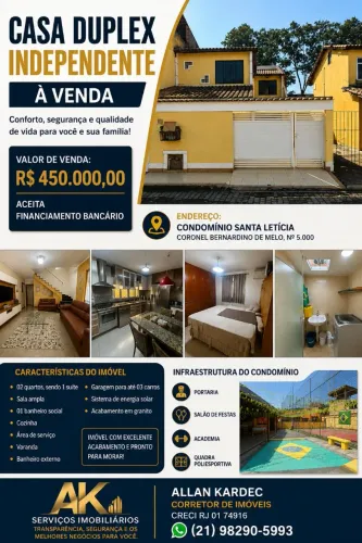 VENDO CASA DUPLEX, INDEPENDENTE, CONDOMÍNIO FECHADO. Bairro: Luz, Nova Iguaçu/RJ