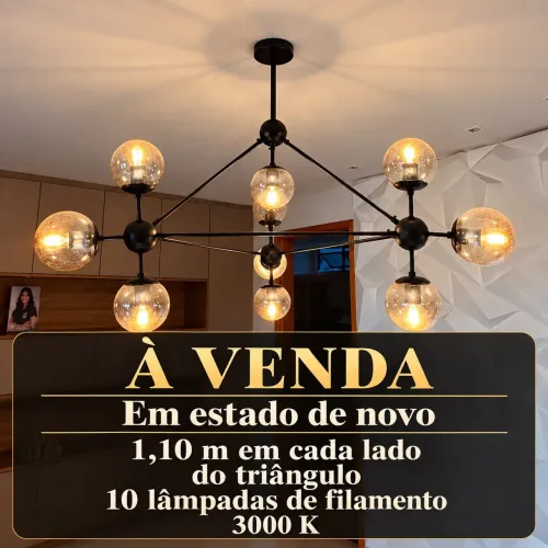 Lustre Pendente Moderno Preto com 10 Globos Âmbar Como Novo