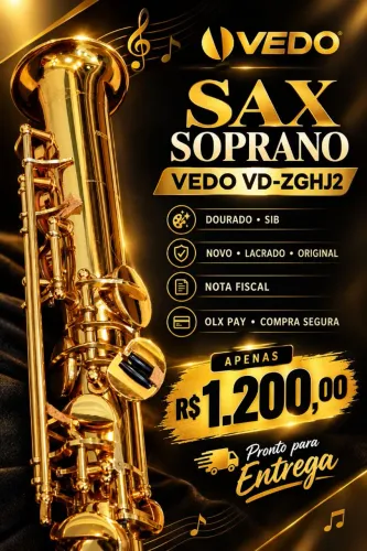 R$ 1.200,00 Sax Soprano VEDO VD-ZGHS2 Original Novo Lacrado Dourado Sib Nota Fiscal OLXPAY