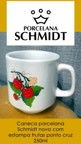 Caneca xícara porcelana Schmidt nova com estampa frutas ponto cruz 250ml