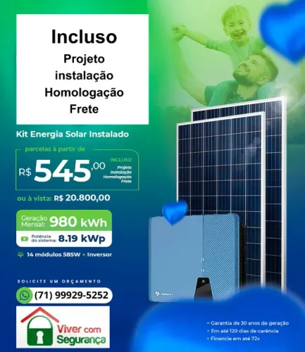Kit Energia Solar Instalado e Homologado , Geração Mensal 980 kWh , Potencia 8,19 kwp
