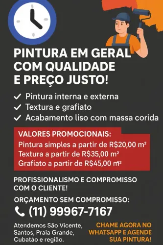 Pintura em geral, tesoura, grafiato e massa corrida.