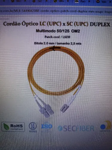 Cordão óptico patch cord duplex 50.0 LC-UPC/SC-UPC 2.5m LS2H
