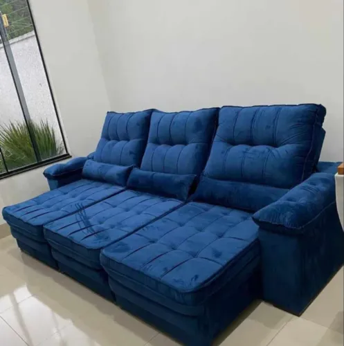 Sofá Retrátil de 3 lugares em Veludo Azul