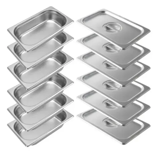 CUBAS INOX EXPOSITORAS DE RESTAURANTE + 6 TAMPAS GASTRONÔMICA EM INOX GN 1/4 100mm