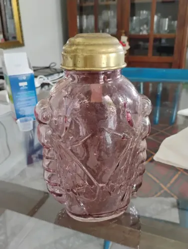 Lindo baleiro de Vidro Rosa Antiga com Tampa Dourada