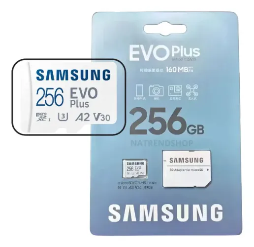 Cartão Memória Samsung 256gb Evo Plus 160mbs U3 A2 V30 com adptador