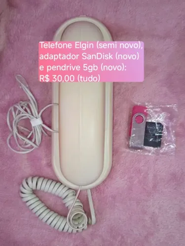 Telefone Elgin, adaptador SanDisk e pendrive 5gb