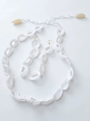 Conjunto Artesanal Crochê Boho Branco Colar + Brincos - Super Leve
