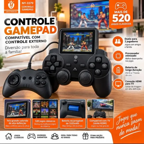 Mini game retro completo 500 jogos com tela e +1 manete da pra jogar na tv