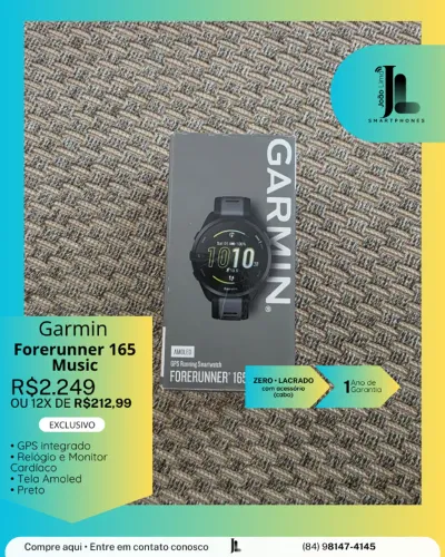 RELÓGIO GARMIN FORERUNNER 165 MUSIC, PRETO, LACRADO, EXCLUSIVO!