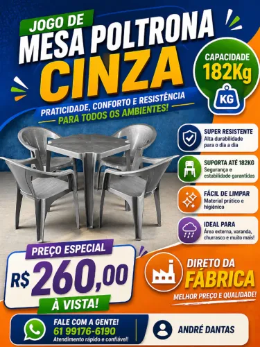 Mesa com Cadeira de Plástico Cinza 182Kg