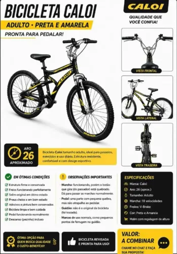 Bicicleta Caloi Adulto Aro 26 Preta e Amarela - Valor Negociável